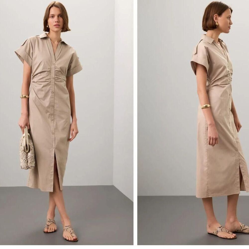 Saunders Collective Beige Ruched Shirt Dress